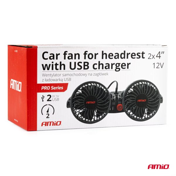 Car fan for headrest with USB charger 2x4" 12V