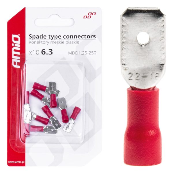 Spade type connectors 6.3mm 0.5-1.5mm2 10A 10 pcs