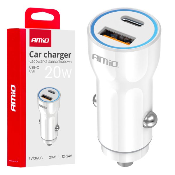 Car charger USB-A + USB-C 20W 12/24V AMiO-03881