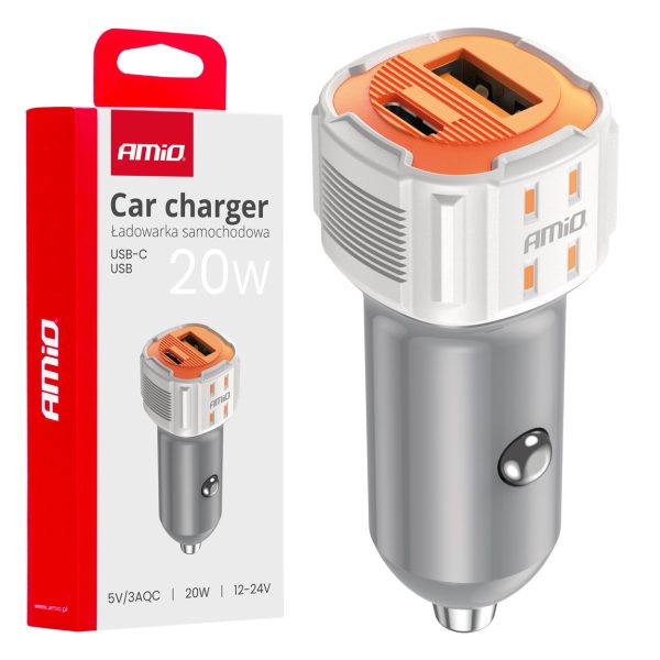 Car charger USB-A + USB-C 20W 12/24V AMiO-03882