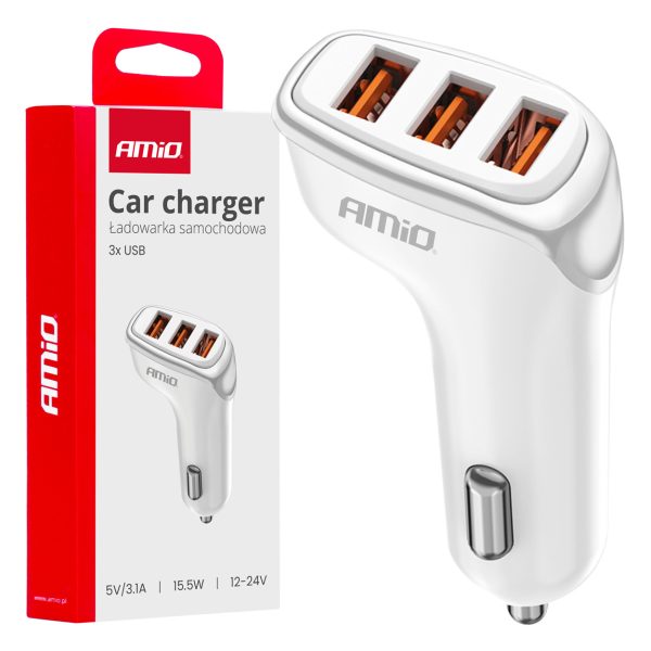 Car charger 3x USB-A 3.1A 12/24V AMiO-03885