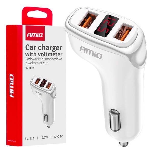 Car charger 2x USB-A + battery check 3.1A 12/24V AMiO-03887