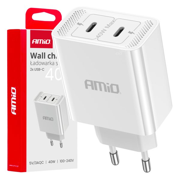 Wall charger 2xUSB-C 40W Quick Charge 230V AMIO-03892