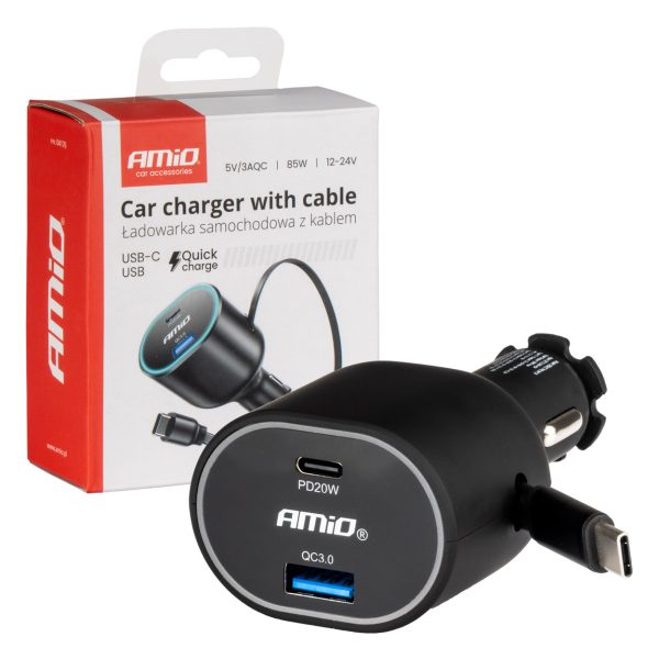 Quick Car Charger 3.0 with 30W C Retractable Cable PD20W AMIO-04176