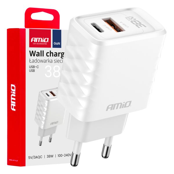 Wall charger Quick Charger GaN 38W USB-A + USB-C AMIO-04287