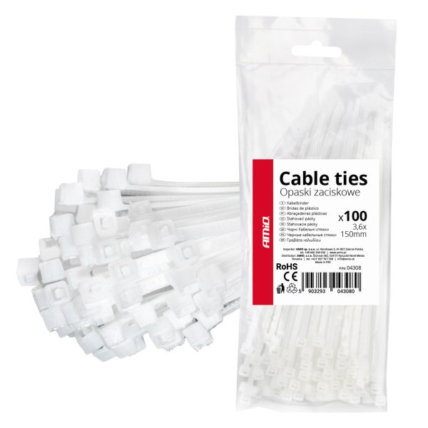 White cable ties 3.6×150mm 100 pcs. AMIO-04308