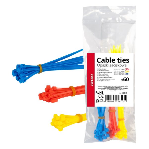 Multicoloured plastic cable ties set of 60 pcs. AMIO-04313