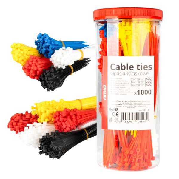 Multicoloured plastic cable ties set of 1000 pcs. AMIO-04318