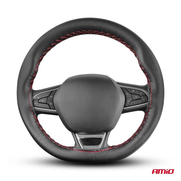 Perforated Stitching steering wheel cover black with red thread 38-39 cm